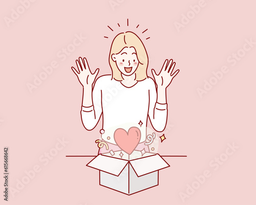 happy smiling girl opening a gift box. Mystery box icon heart mark inside gift box. Hand drawn style vector design illustrations.