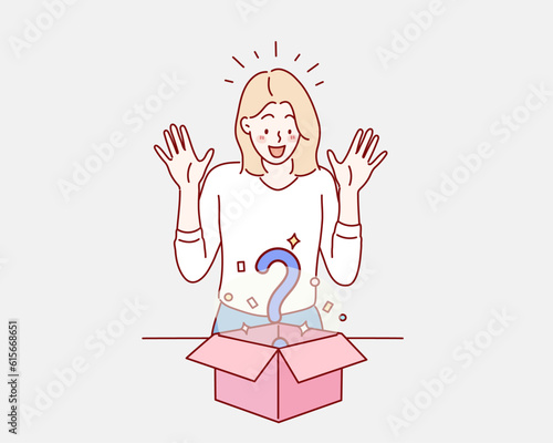 happy smiling girl opening a gift box. Mystery box icon question mark inside gift box. Hand drawn style vector design illustrations.
