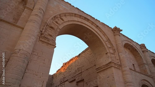 Ancient ruins of Hatra city, northern Iraq. Low angle shot photo