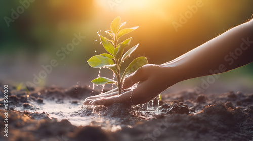 close up two hands holding water and watering young tree to growing up in park in sunset