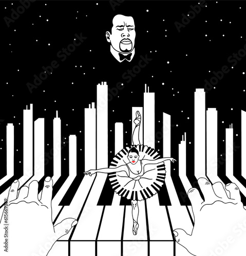A musician plays the piano. A metaphor. Ballet dancer.