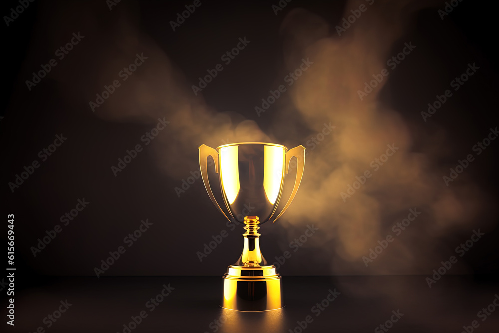 Golden glowing trophy cup on dark background. Concept of success and achievement Golden glowing trophy cup on dark background. Concept of success and achievement