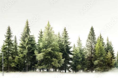 A scenic winter forest with a row of snow-covered trees on a white background is AI Generative. © sorapop