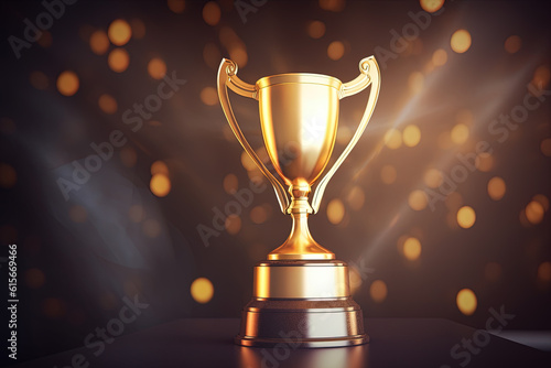 Golden glowing trophy cup on dark background. Concept of success and achievement
