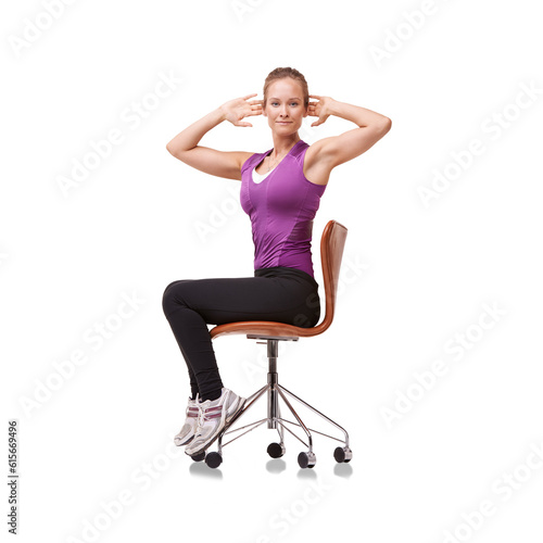 Stretching, chair and woman in portrait for exercise in png or isolated, transparent or background. Body, wellness and female person with training, chairs for stretch with performance is motivated. © Suresh Heyt/peopleimages.com