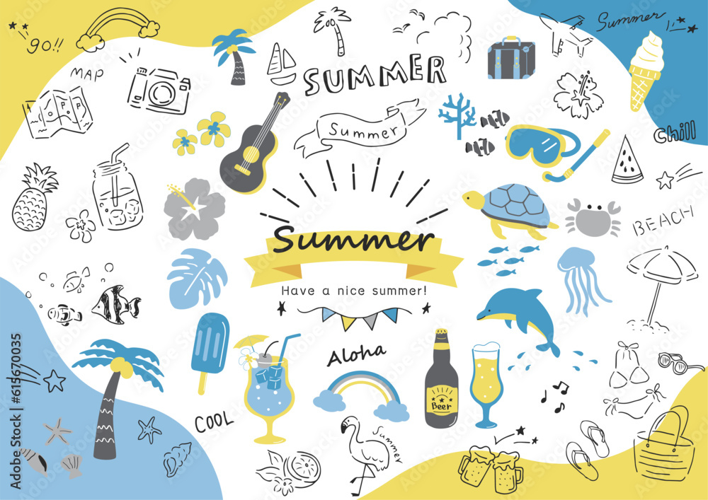 Naklejka premium 夏に使いやすい手描きのアイコンセット