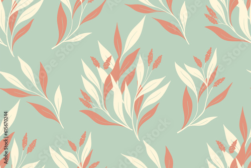 Seamless floral pattern, delicate ditsy print with wild flora. Vintage botanical design for fabric, paper: hand drawn twigs, small flowers tassels, leaves on a blue background. Vector illustration.
