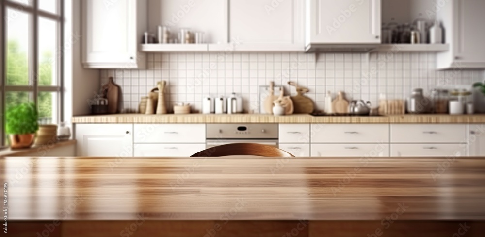 Fototapeta premium Kitchen room in Spacious Home. Wooden tabletop in a modern interior