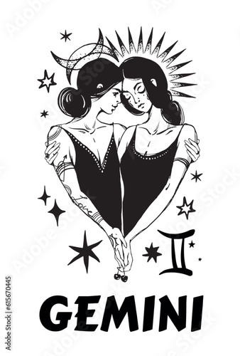 Gemini zodiac sign mystical engraving, modern tattoo, astrology card, horoscope calendar. Two girls hugging, witches with mystic symbols of sun and moon, vector illustration isolated