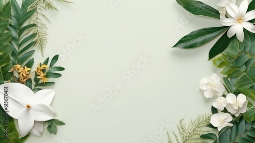 Tropical green leaves and beautiful flowers decorative of frame artwork banner and card. Generative Ai