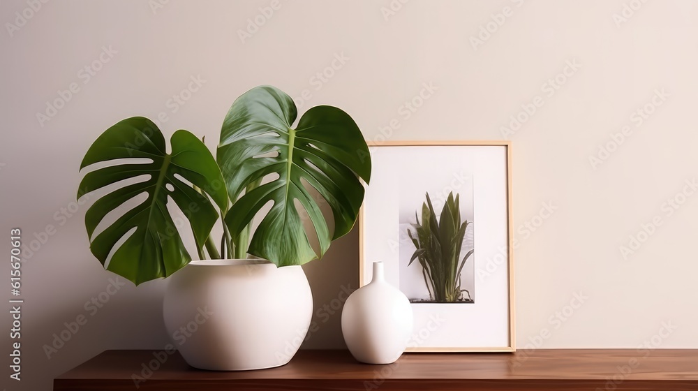 Monstera leaf in ceramic potted with blank white frame on white background for decorative artwork,banner and home interior design,home office with workspace for minimalist style. Generative Ai