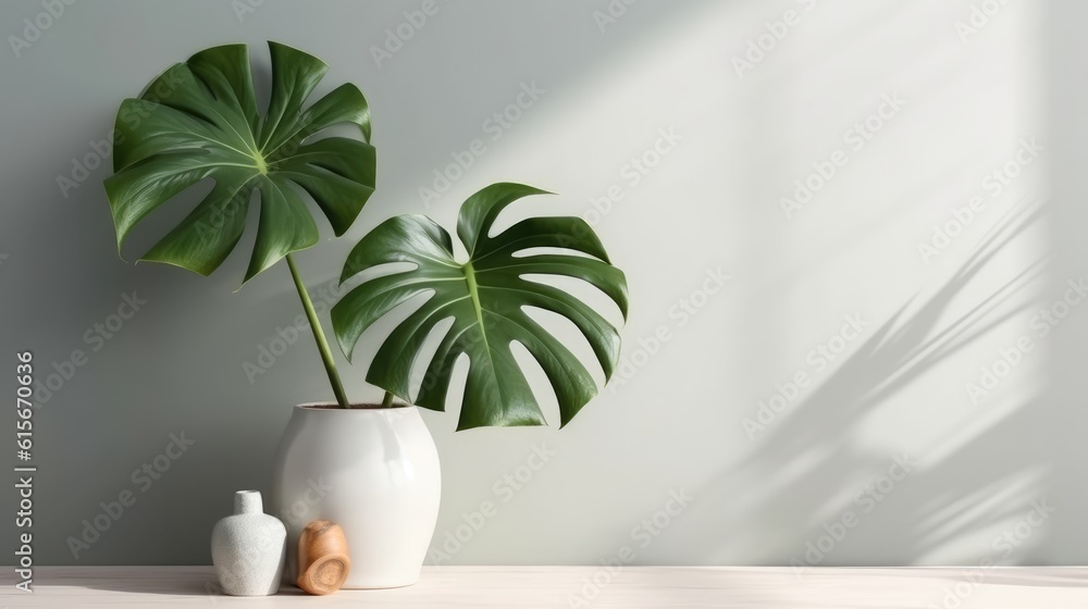Monstera leaf in ceramic potted on white background for decorative artwork and home interior design for minimalist style. Generative Ai Monstera leaf in ceramic potted on white background for decorative artwork and home interior design for minimalist style. Generative Ai