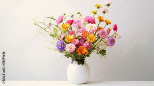 Colorful flowers blooming in vase on white background. Generative Ai © Areerat