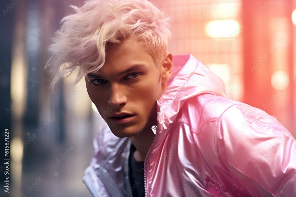 A futuristic portrait of a human figure sporting chic fashion! the person rocking a pink jacket exudes effortless elegance with their blonde hair shot outdoors A futuristic portrait of a human figure sporting chic fashion! the person rocking a pink jacket exudes effortless elegance with their blonde hair shot outdoors