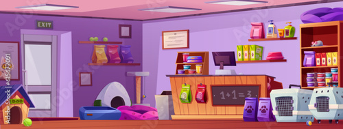 Animal pet toy store interior cartoon background. Supermarket indoor with cat or dog care accessory to buy. Domestic canine cage, feed bag, bowl and sleep pillow element in market illustration