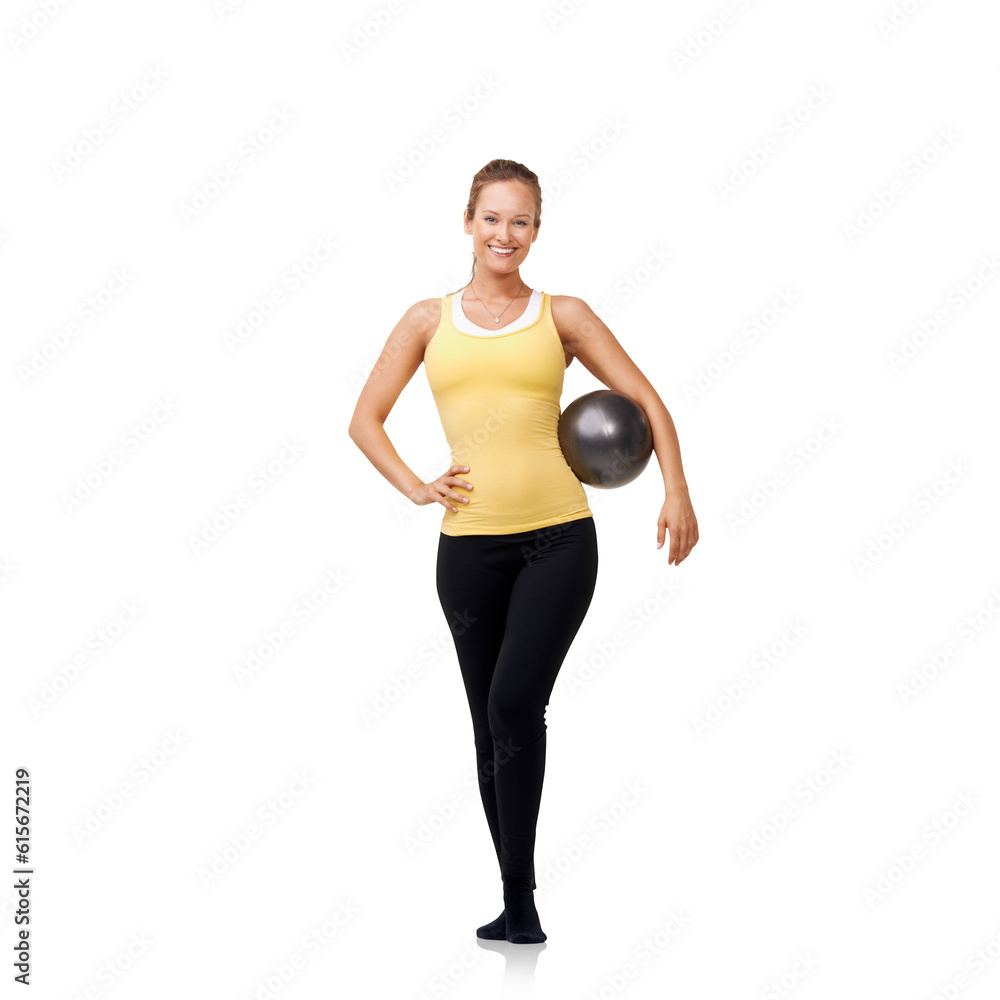 Portrait, fitness and happy woman with a pilates or medicine ball on an isolated, transparent png background. Smile, weights and female personal trainer at gym for training, exercise and active body Portrait, fitness and happy woman with a pilates or medicine ball on an isolated, transparent png background. Smile, weights and female personal trainer at gym for training, exercise and active body