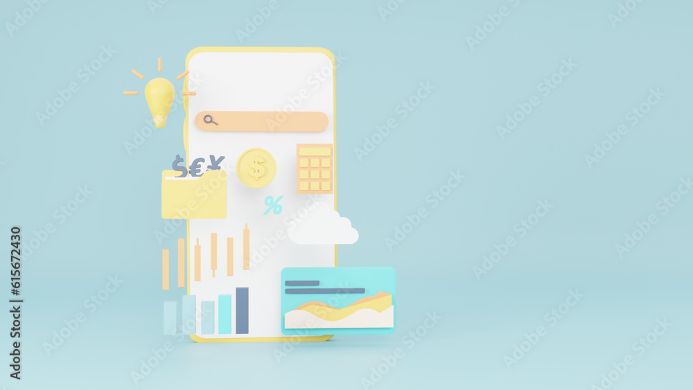 Concept infographics. Business concept with smartphone and light bulb, steps or processes, calculator, coin and folder on light blue background. 3d rendering