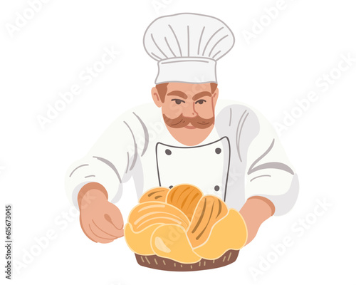 Happy bearded chef or confectioner baker with pastries isolated on white background vector illustration