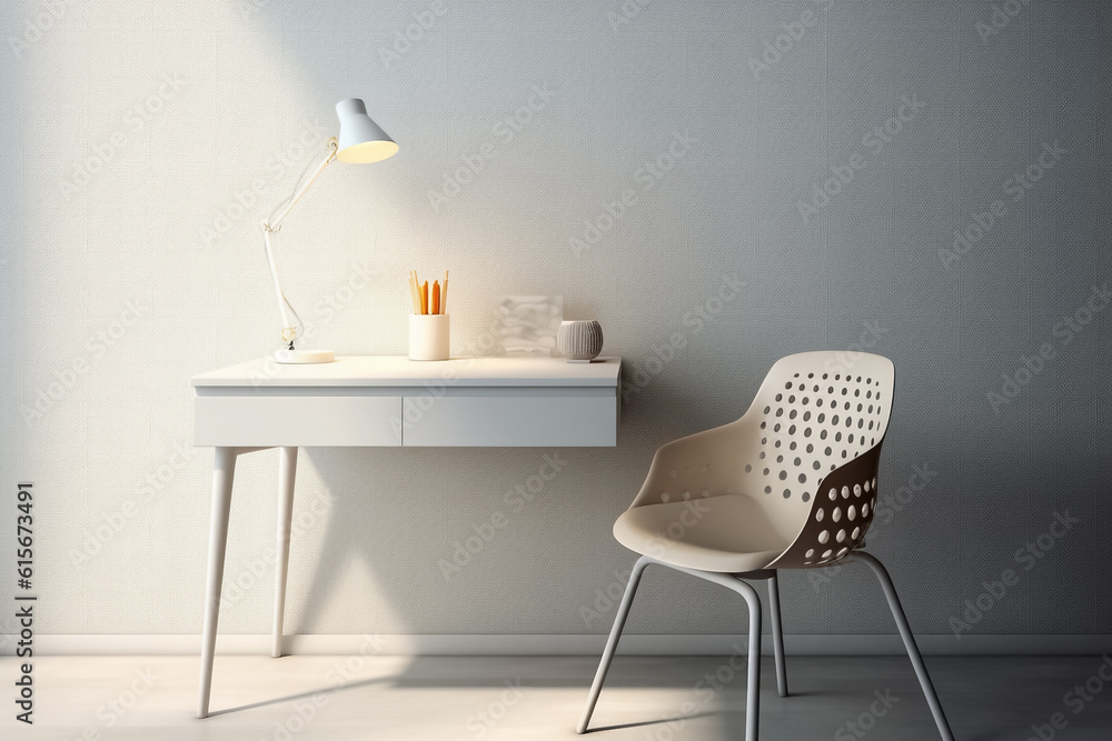 A sleek and modern table, chair and lamp set is adorned with contemporary items, showcasing a minimalistic arrangement that exudes a sense of modernity and style. generative AI.