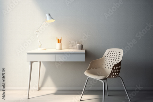 A sleek and modern table, chair and lamp set is adorned with contemporary items, showcasing a minimalistic arrangement that exudes a sense of modernity and style. generative AI.
