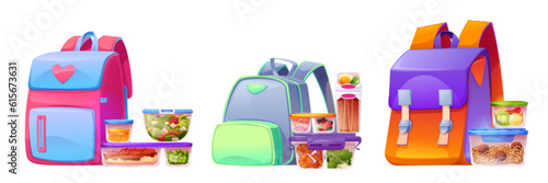 Food container lunch box near backpack for school isolated vector illustration set. Plastic fruit and vegetable leftover storage pack clipart with salad, prepared meal, dessert and homemade snack.