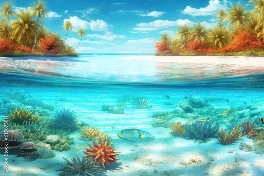 Naklejka premium Tropical coral reef with palm trees and fish. Generative AI
