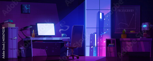 Night home office with cityscape view in window. Vector cartoon illustration of dark room with desktop computer, documents in folders on shelf, clock and motivation poster on wall. Freelance job