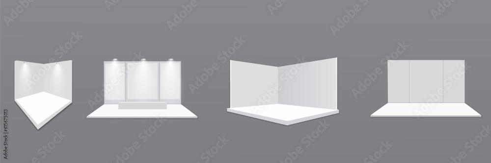 Exhibition stand. White empty advertising stand with desk. Vector white blank geometric square. Presentation room display. White creative exhibition stand design. Stand template. Exhibition stand. White empty advertising stand with desk. Vector white blank geometric square. Presentation room display. White creative exhibition stand design. Stand template.