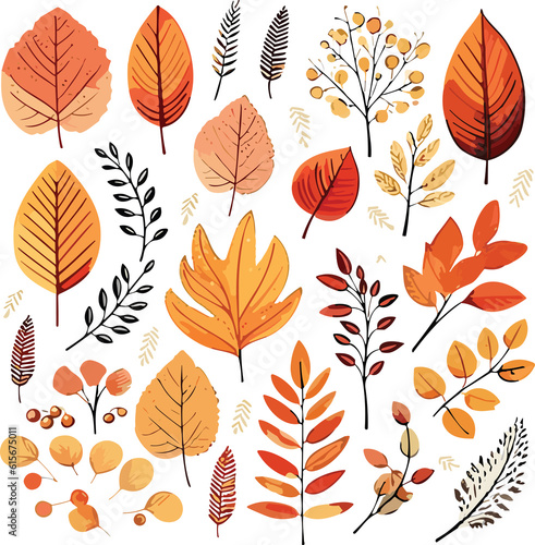 Set of colorful autumn leaves and berries isolated on white background, simple flat cartoon style.Generative AI illustration. © JewJew