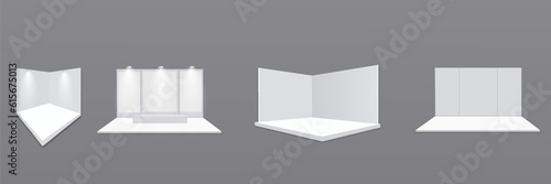 Exhibition stand. White empty advertising stand with desk. Vector white blank geometric square. Presentation room display. White creative exhibition stand design. Stand template.