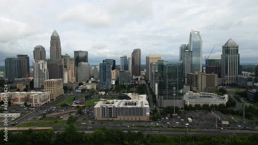 Cloudy Charlotte Skyline Aerial Drone from Right to Left Cloudy Charlotte Skyline Aerial Drone from Right to Left