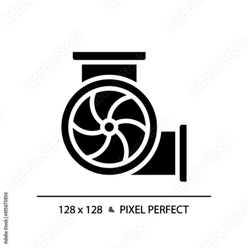 Industrial ventilation black glyph icon. Air flow. Commercial hvac. Occupational health and safety. Ventilation pipe. Silhouette symbol on white space. Solid pictogram. Vector isolated illustration