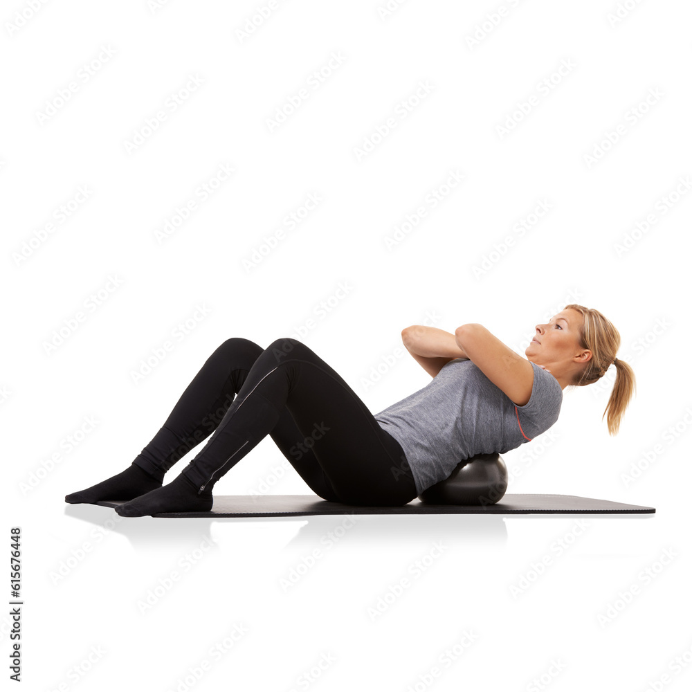 Fitness, woman on pilates mat and medicine ball and isolated on a transparent png background for health wellness. Workout or training, sportswear and female athlete exercise with gym equipment.