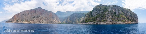 Panorama view from water of Butterfly Valley in Oludeniz Fethiye in the morning, Turkey