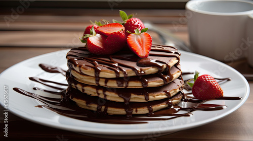 chocolate covered pancakes on a white plate with strawberries next to it and a cup of coffee in the background