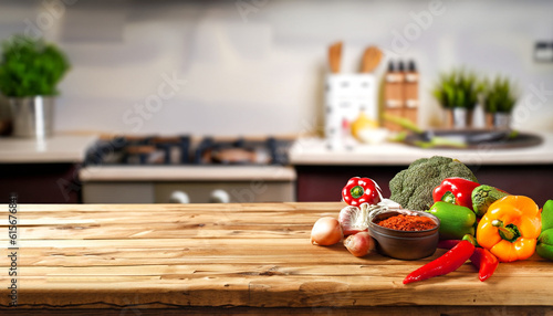 Fototapeta Naklejka Na Ścianę i Meble -  Empty wooden table with fresh vegetables and spices and cook on the background blurred kitchen, space for you to edit the product