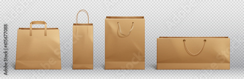 Craft brown paper bag and handle vector mockup. Shopping package mock up to carry food front view icon merchandising design collection. 3d retail reusable branding merchandise illustration