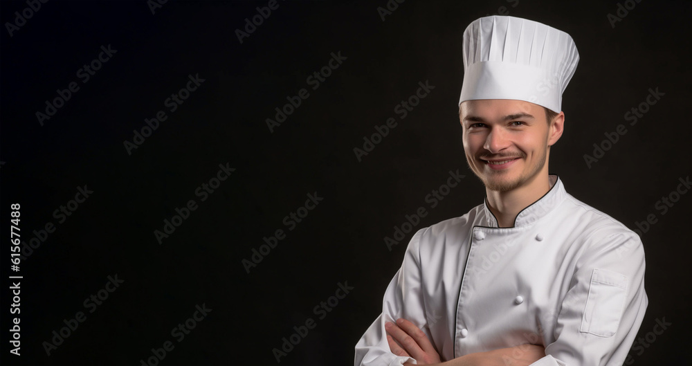 a smiling young men wearing a chef clothes in dark grey background generative ai