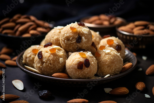a plate of laddu with almonds and raisins photo