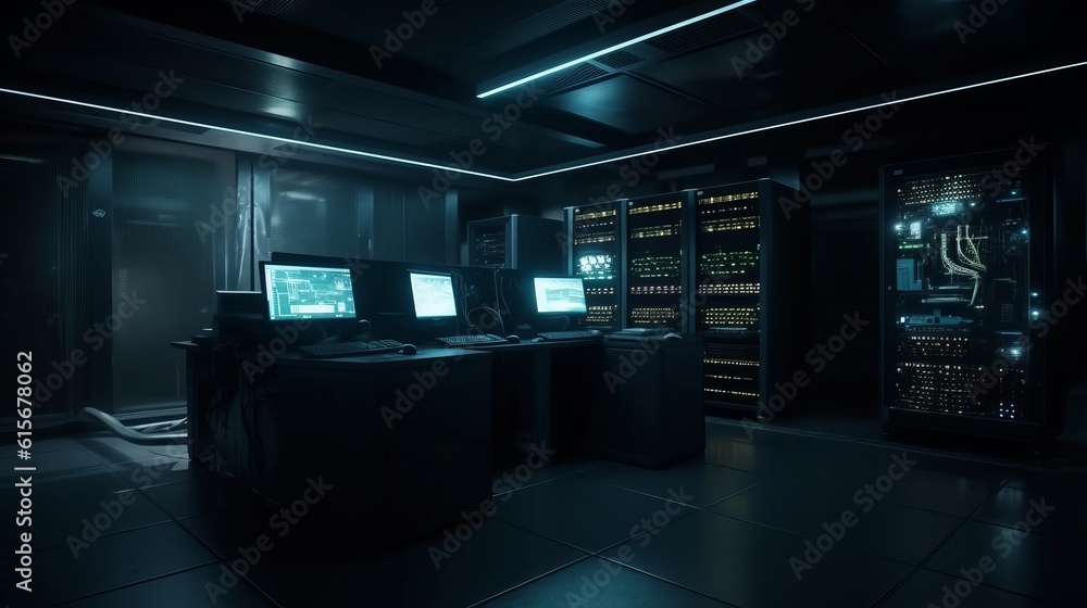 Dark server room with glowing computer equipment. 