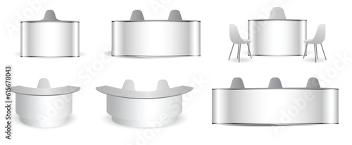 set of realistic trade exhibition chair and table or white blank exhibition kiosk or stand booth corporate commercial.