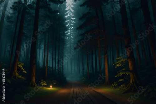 foggy road in the middle of forest. night time. dark