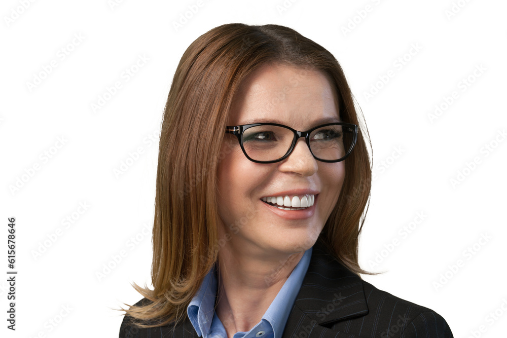 A adult smiling business woman in glass