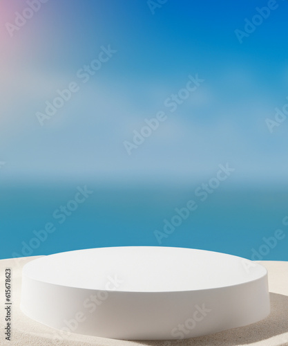 White Sand with White 3D podium put on sand dune againt blurry blue ocean and beautiful sky Summer background with display advertistment concept, generative AI