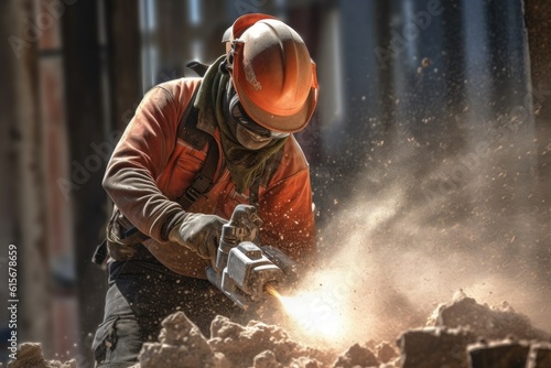 A Laborer uses a jackhammer to break up a concrete at construction site. Generative Ai