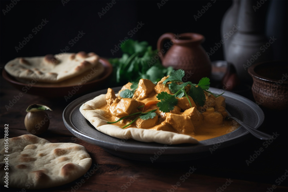 a plate of naan with chicken curry and celery leaves