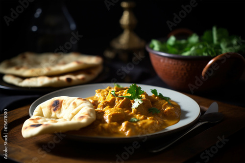 a plate of naan with chicken curry and celery leaves