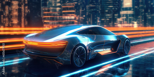 Future of Transportation: Electric Car System in Technological Artwork. EV electric car system. futuristic car in night with morden light smart city © Bartek
