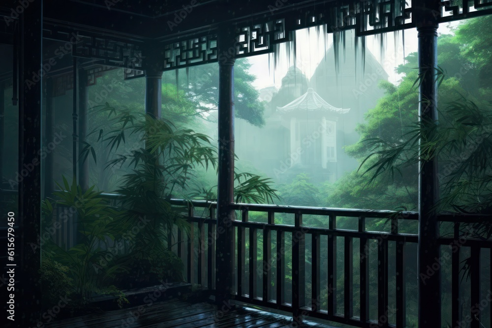 Fototapeta premium a small balcony full of mist surrounded by bamboo trees, in the style of animated gifs, emotional and dramatic scenes, , wet-on-wet blending, nature scenes --ar 3:2. generative ai