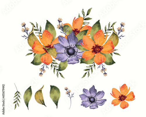 Watercolor bouquet with isolated flowers and leaves clipart